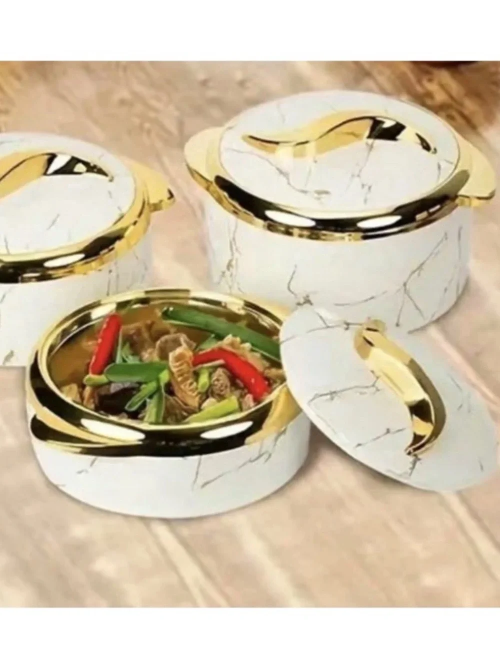 3Pcs Golden Touch Insulated Stainless-Steel Food Warmer - Marble Blue & White